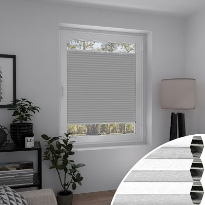 Thermo-Wabenplissee am Fenster mit vergrößertem Stoffdetail