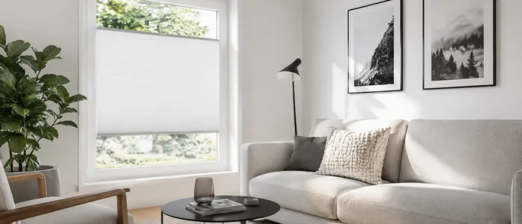 Heller Wohnraum mit Sofa und weißem textilem Plissee am Fenster